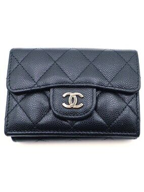 Chanel Quilted Trifold Wallet Compact Coin Case Black Caviar Leather Gold